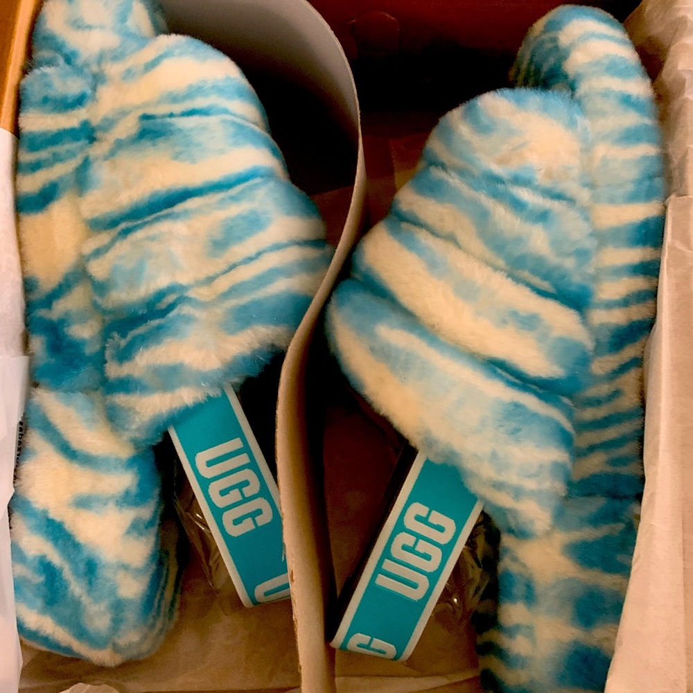 UGG Fluff Yeah Slides Teal Zebra Print Size 10